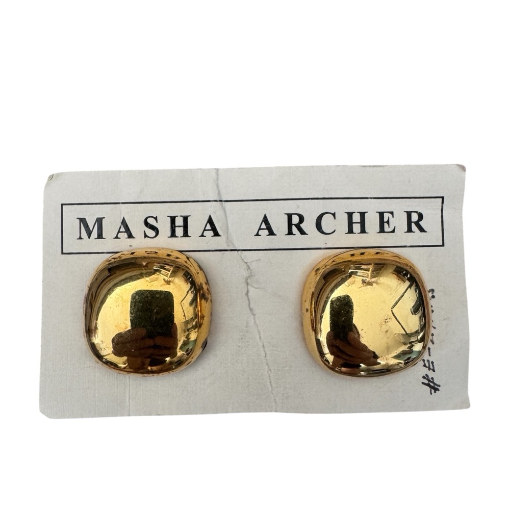 Vintage Masha Archer Mexico 24K Gold Plated Silver Clip Rounded Square Earrings